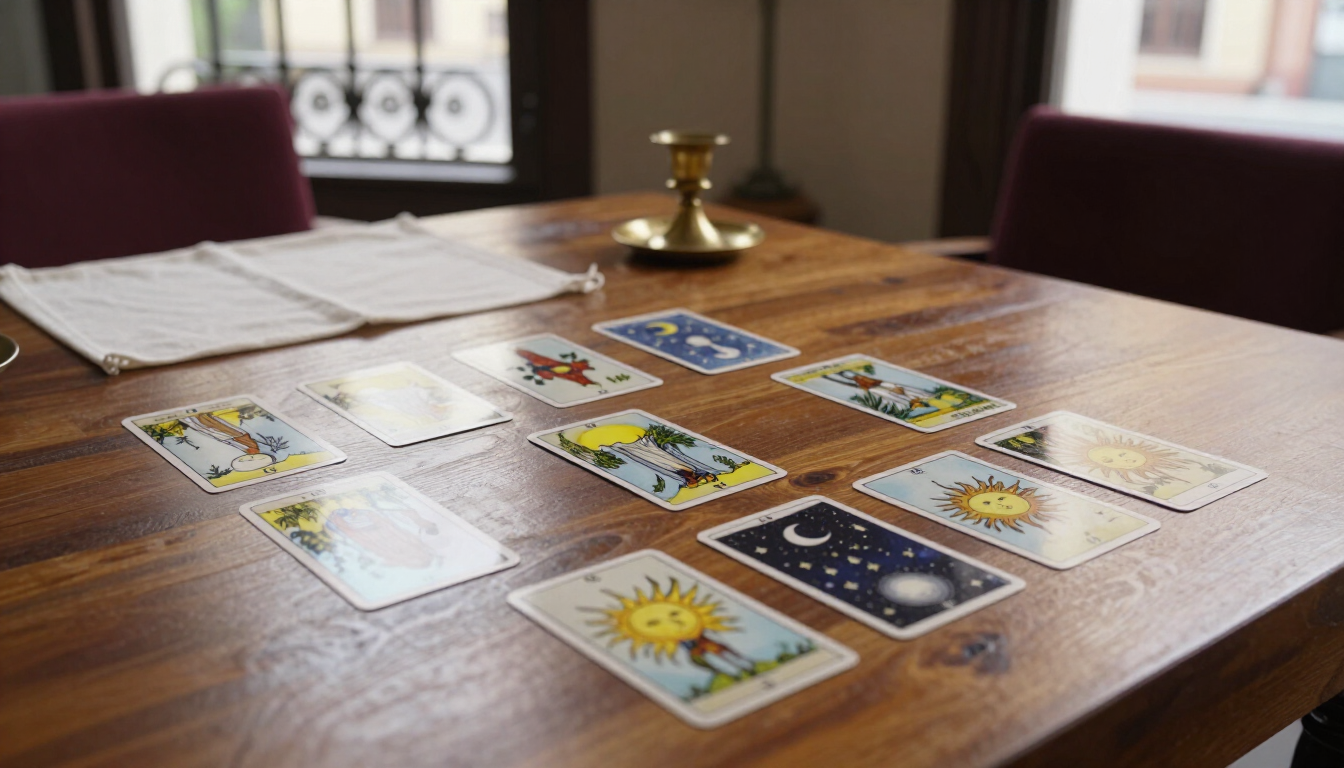 Cartas del tarot dispuestas sobre una mesa de madera en una habitación con luz tenue