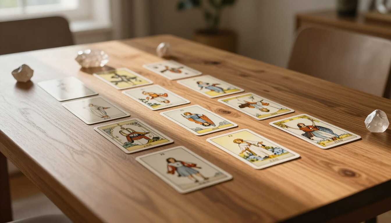 Cartas del tarot dispuestas en filas sobre una mesa de madera, con algunos cristales cerca