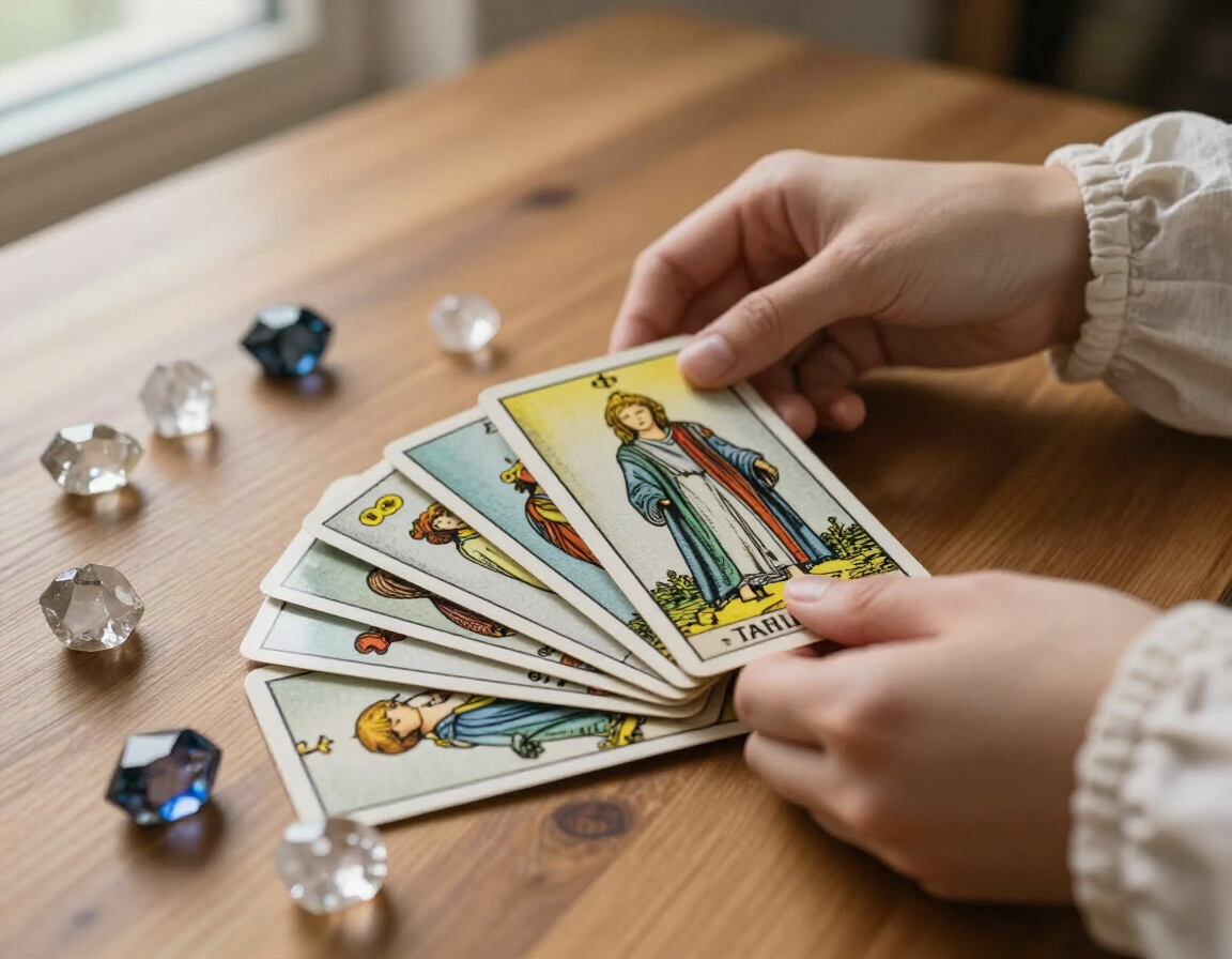 Persona reflexionando junto a cartas de tarot y elementos naturales