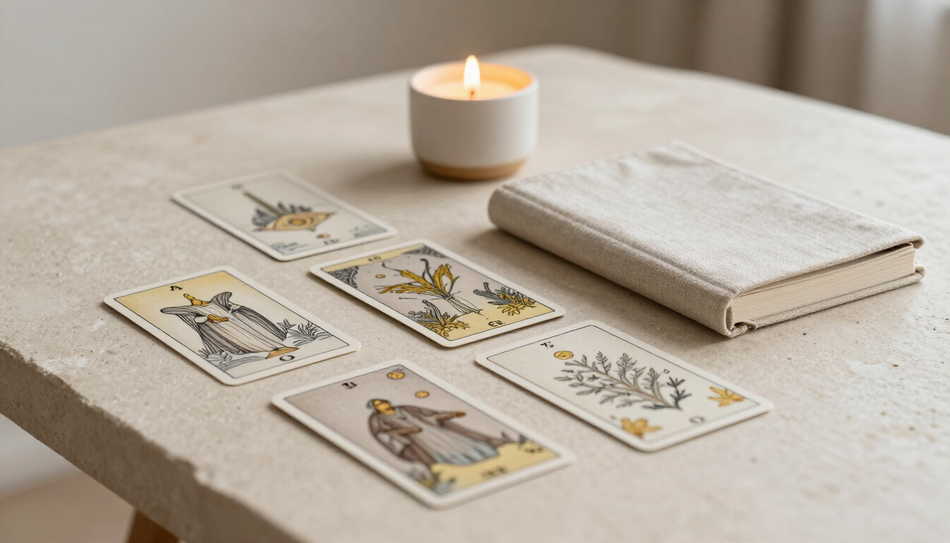 Cartas de tarot, vela y cuaderno de intención