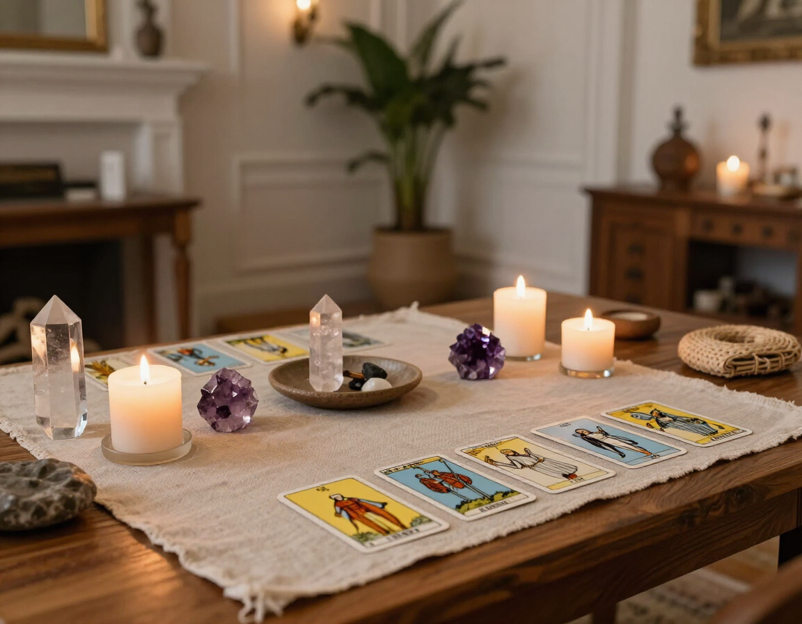 Espacio sereno para tarot y sanación espiritual con elementos naturales