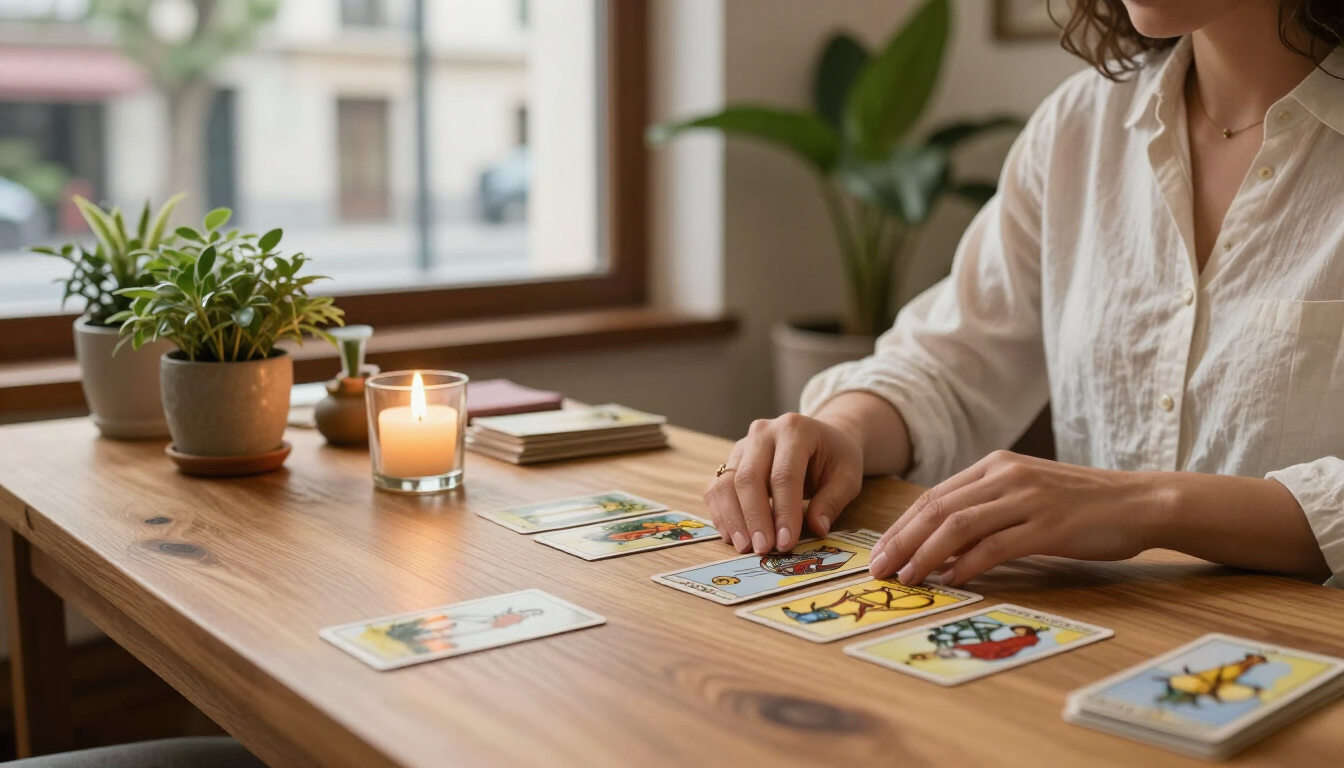 Lectura de tarot terapéutico en un ambiente sereno y profesional