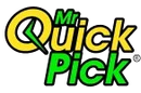 Mr. Quick Pick logo: Green and yellow text on a white background. A stylized green 