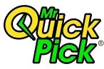 Mr. Quick Pick logo: Green and yellow text on a white background. A stylized green