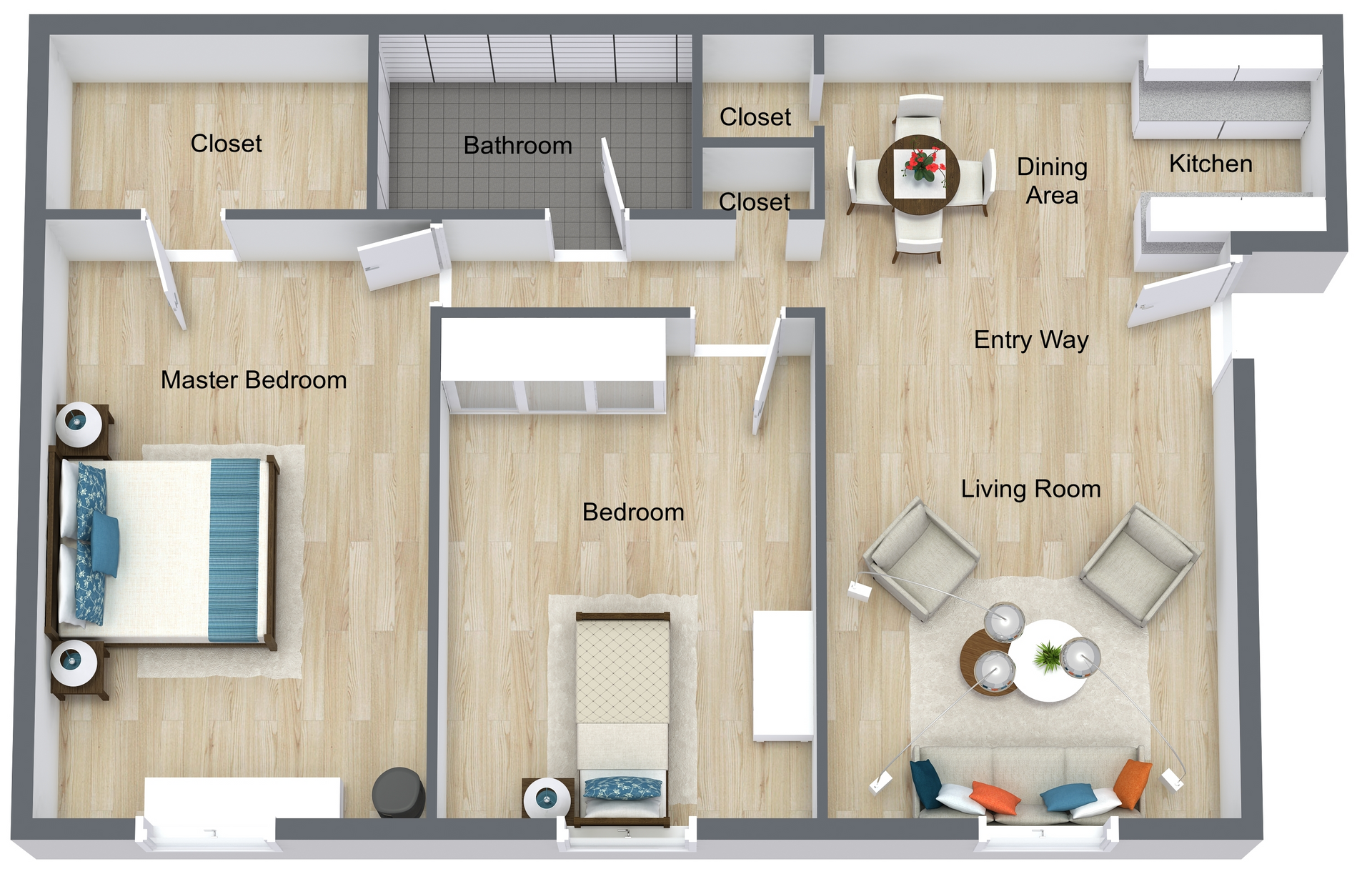 Top-down 3D floor plan of a small apartment with bedroom, bath, kitchen, and living/dining area.