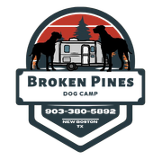 Logo for Broken Pines Dog Camp in New Boston, TX, featuring two dogs and a camper van against a stylized forest background.