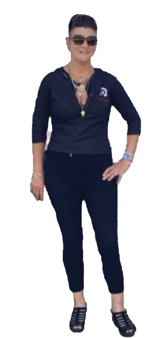 Full-body studio portrait of a person in a dark navy outfit, sunglasses, and black shoes on a white background