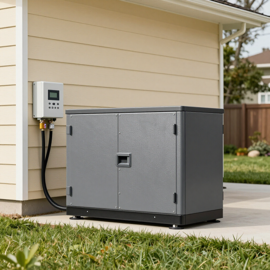 Gray home backup generator beside a house, connected to an outdoor electrical panel.