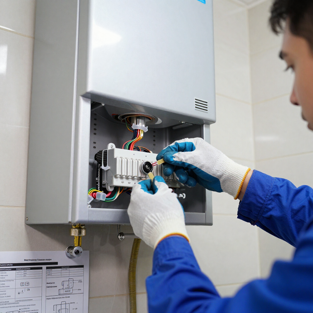 Technician wiring an open wall-mounted boiler control panel with tools and gloves