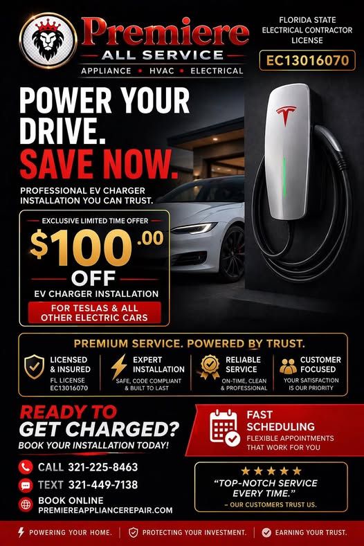 Premier All Service ad for EV charger installation, with black charger, $100 off, and fast scheduling.