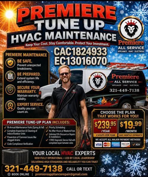 Premiere HVAC maintenance ad with blue snowflake background, technician, and phone number 321-449-7138