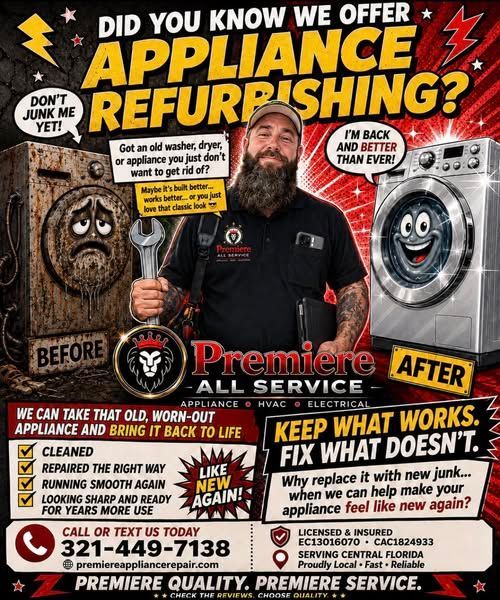 Auto repair ad for appliance refurbishment, with “before” and “after” washers, mechanic, and bold red-yellow text.