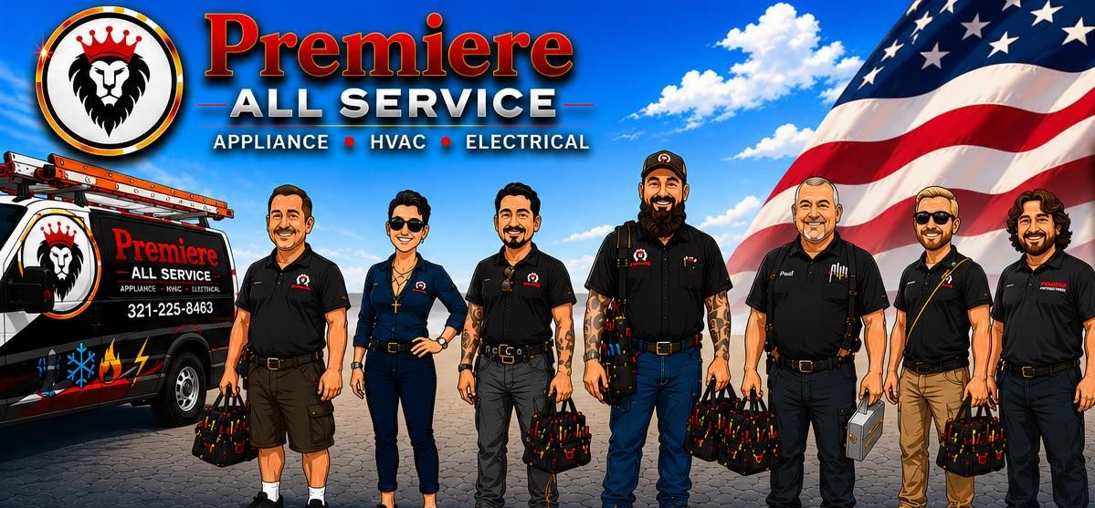 Premier All Service team in black uniforms standing before a red truck and American flag backdrop