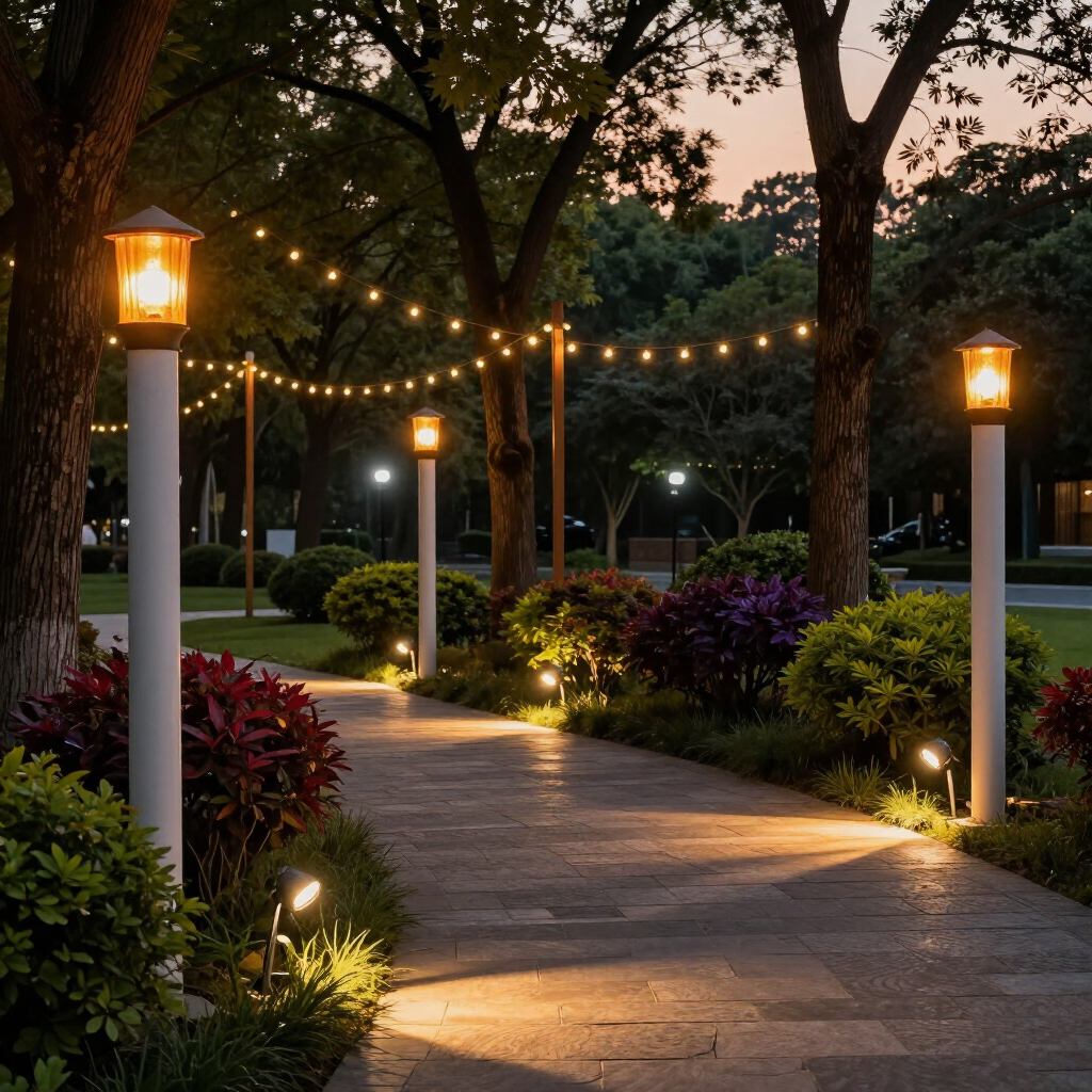 Well-lit garden walkway at dusk with lampposts, string lights, and landscaped shrubs