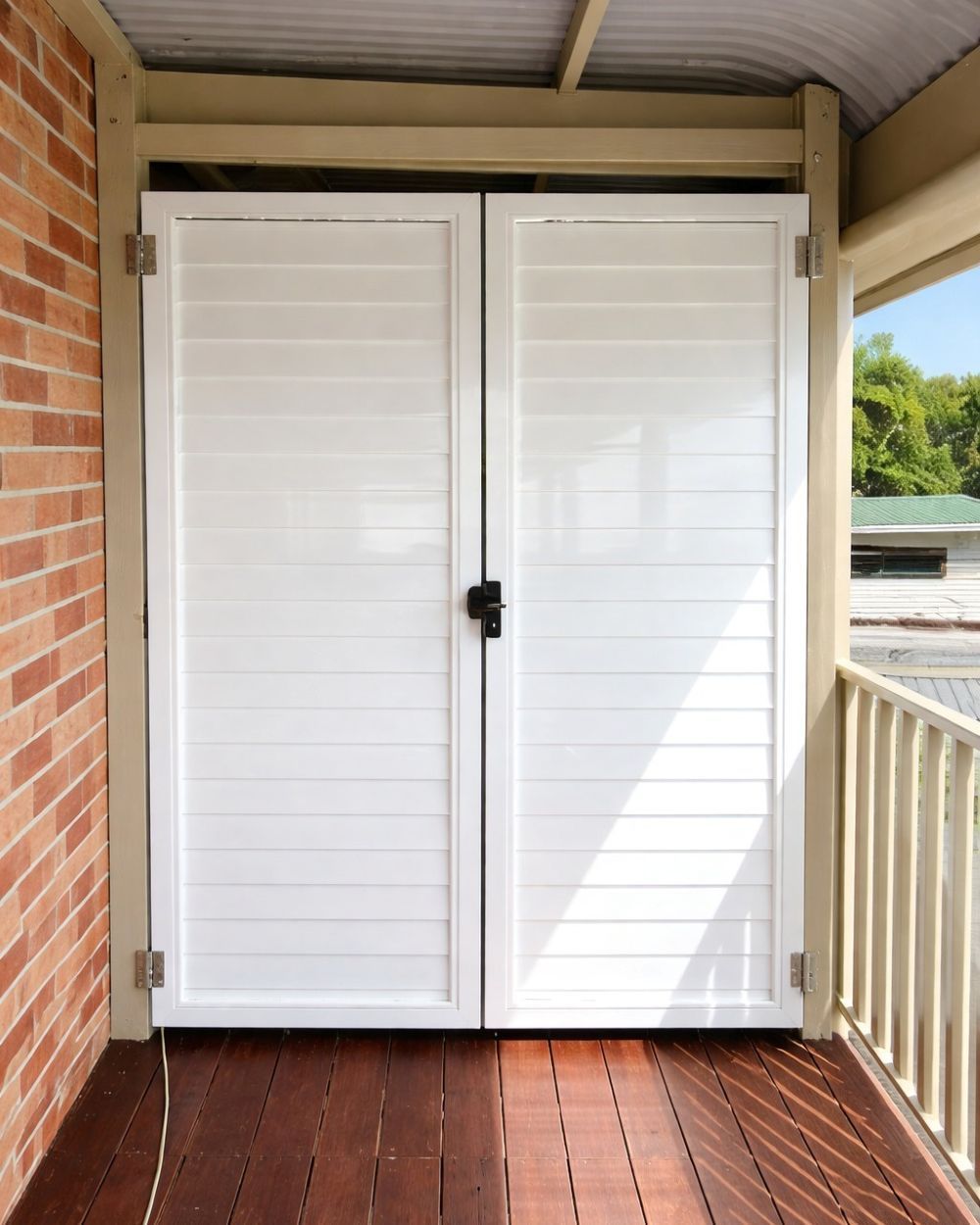 White, Horizontal-slat Double Doors — Frontline Fences in Tweed Heads South, NSW