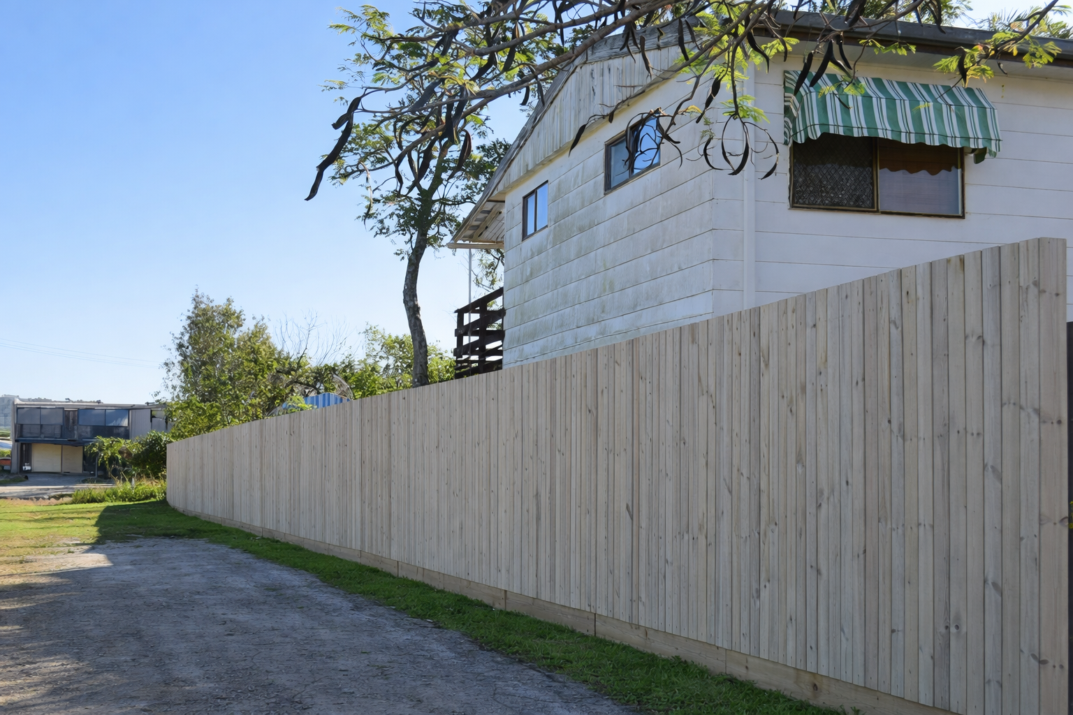 Long Wooden Fence Beside A Small White House Under A Tree — Frontline Fences in Tweed Heads South, NSW