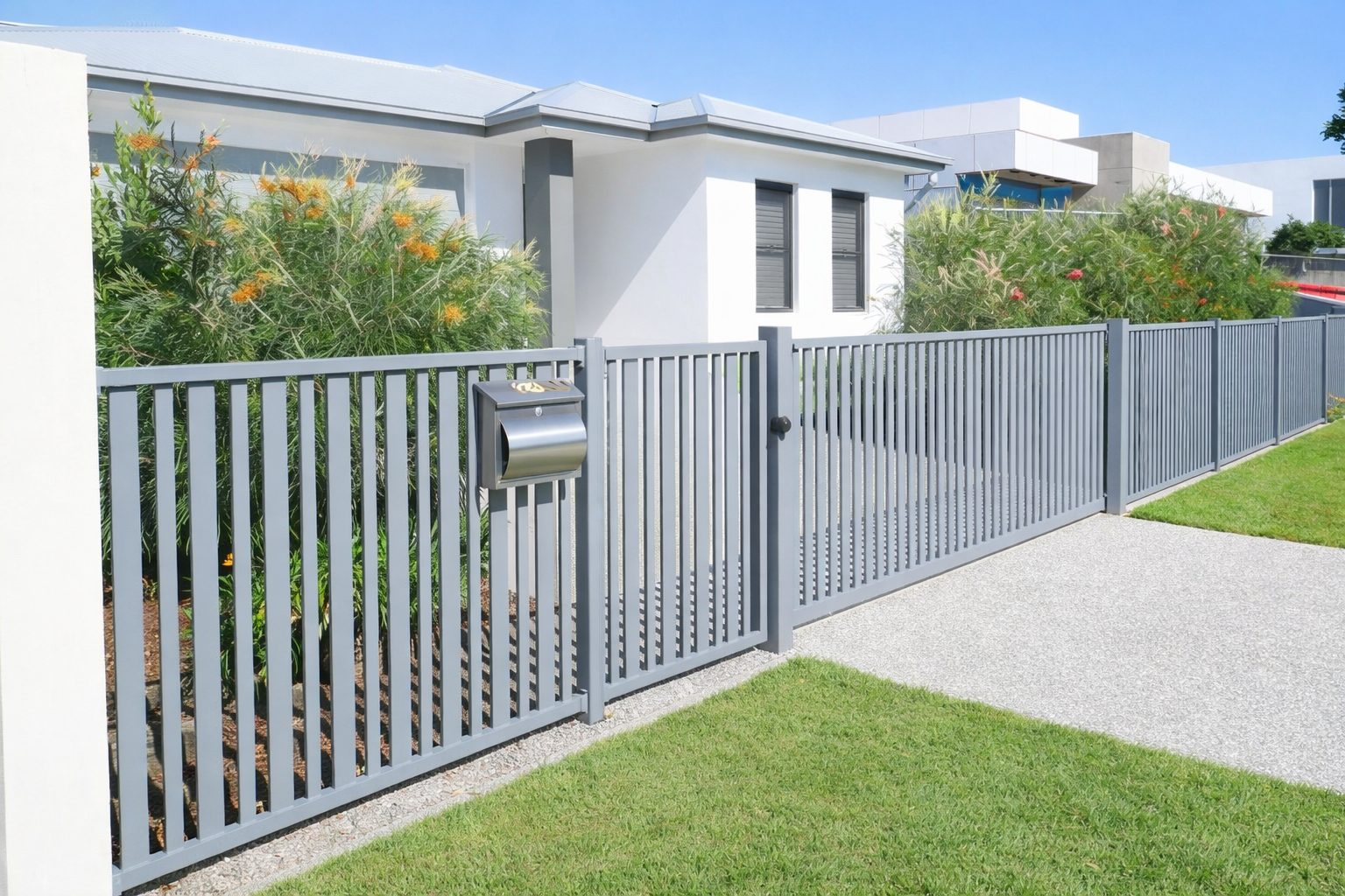 Modern House With Grey Metal Fence, Green Lawn, and Paved Walkway — Frontline Fences in Tweed Heads South, NSW