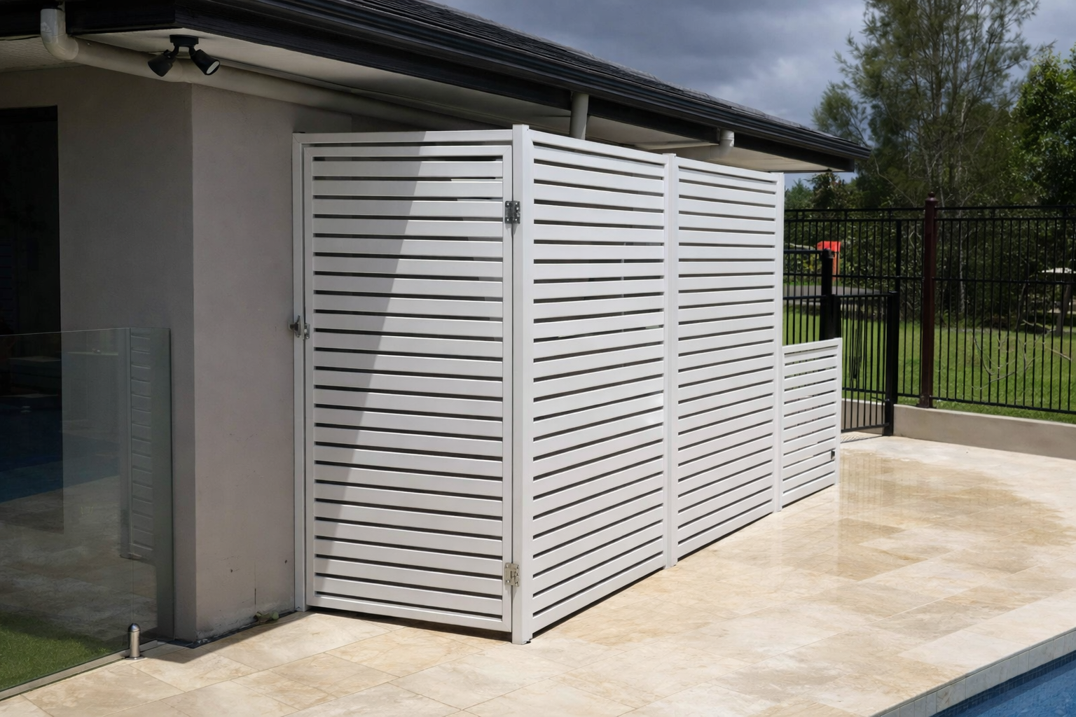 White Slatted Pool Equipment Enclosure — Frontline Fences in Murwillumbah, NSW