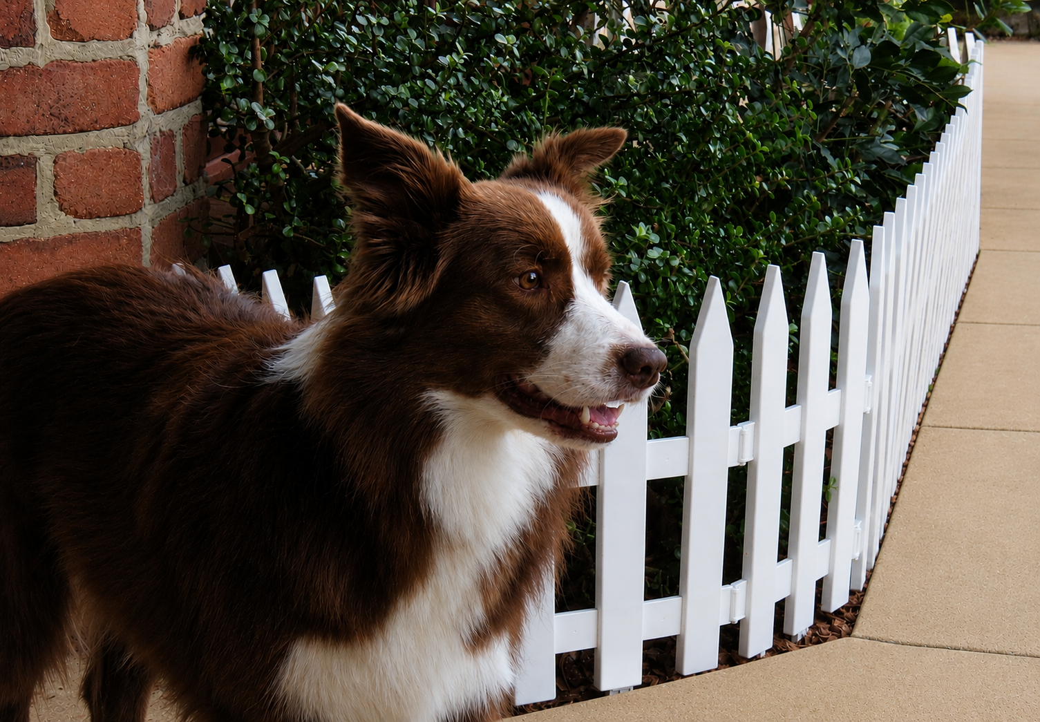 Brown-and-white Dog Standing by a White Picket Fence and Brick Wall, Looking to the Right — Frontline Fences in Tweed Heads South, NSW