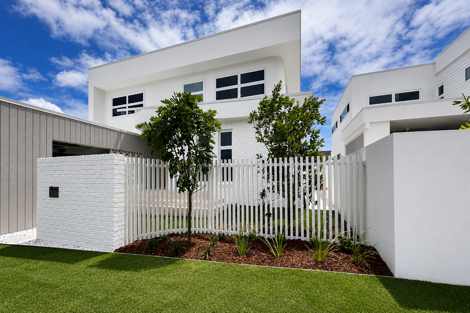 Modern White House with A Fenced Front Yard and Green Lawn — Frontline Fences in Tweed Heads South, NSW
