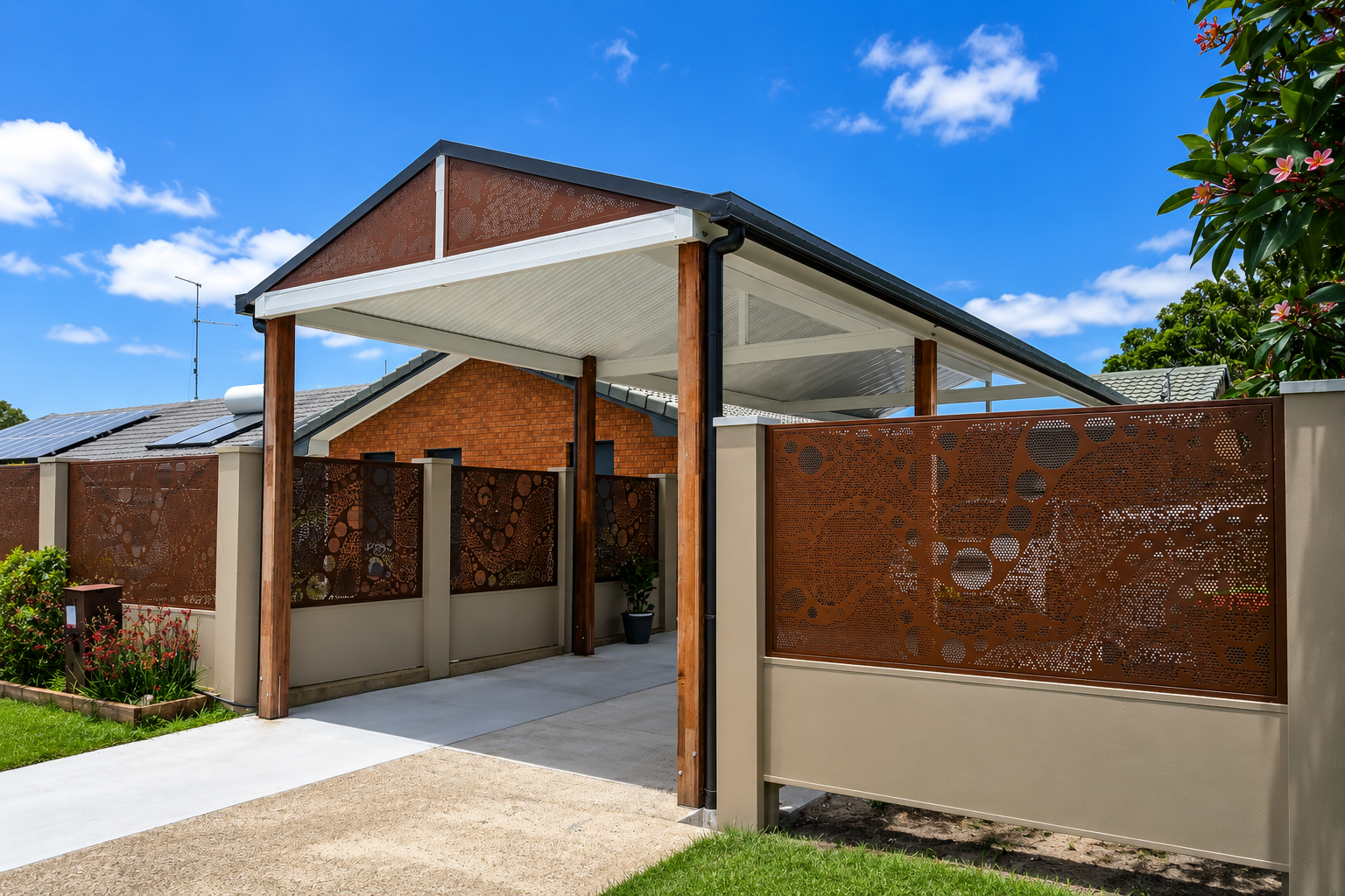 Covered carport with white roof, brick columns, and brown privacy walls under a blue sky