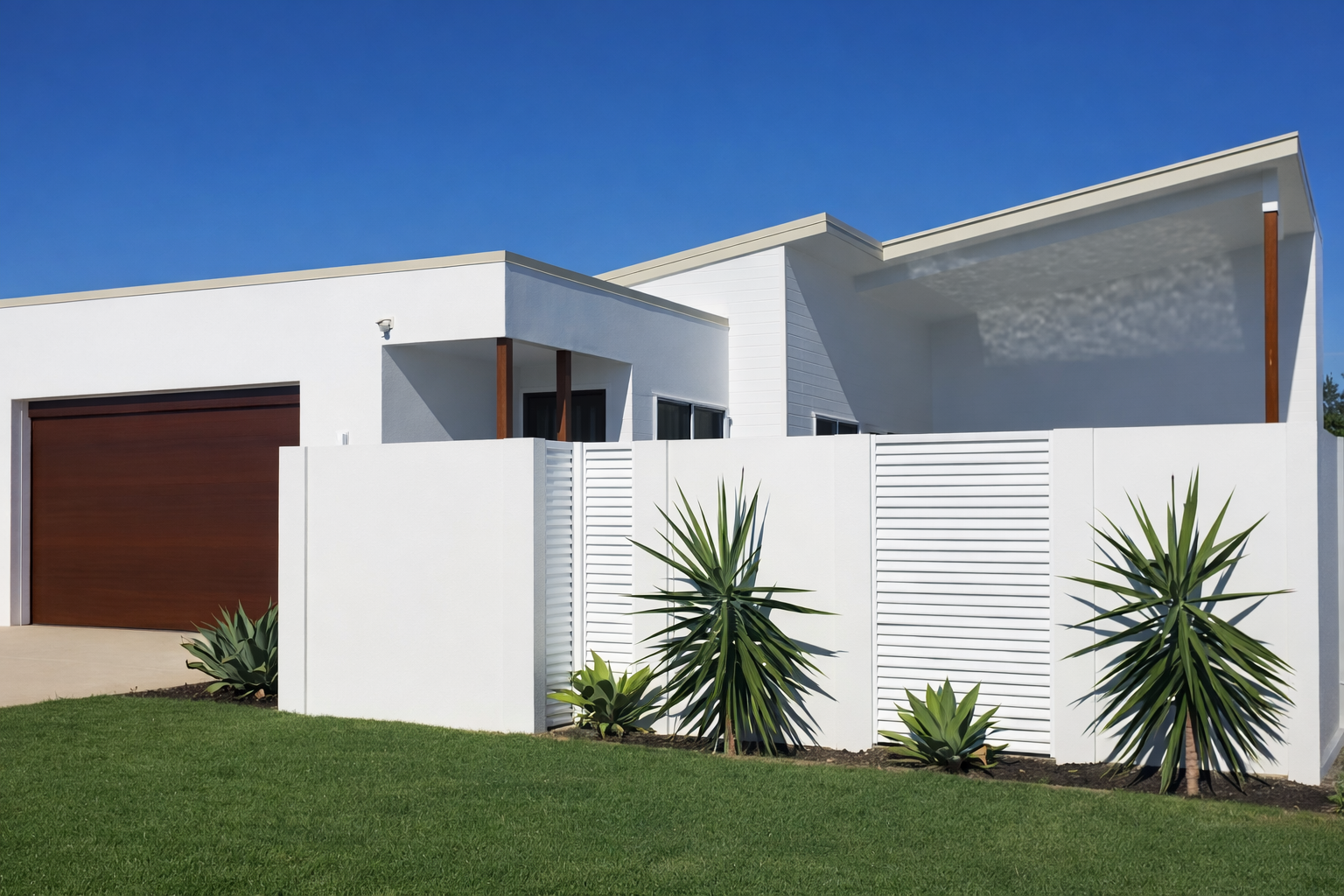 Modern white house with a garage, front fence, and spiky plants under a clear blue sky