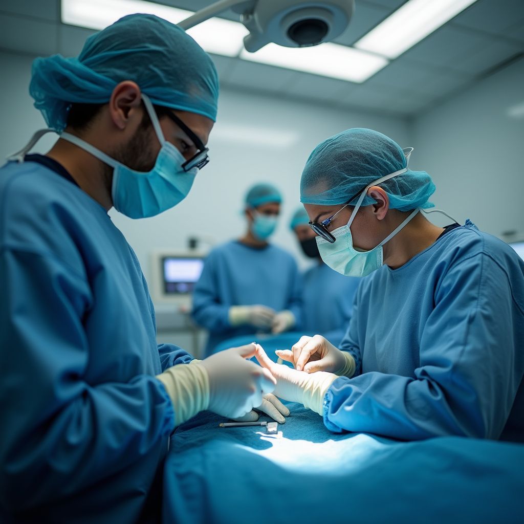 Surgeons in blue scrubs operate under bright lights in a sterile operating room.