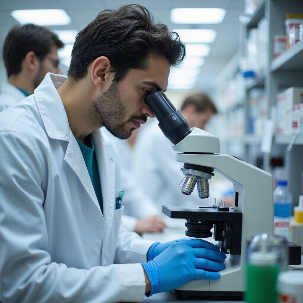 Man in lab coat looks into microscope, blue gloves, in lab setting.