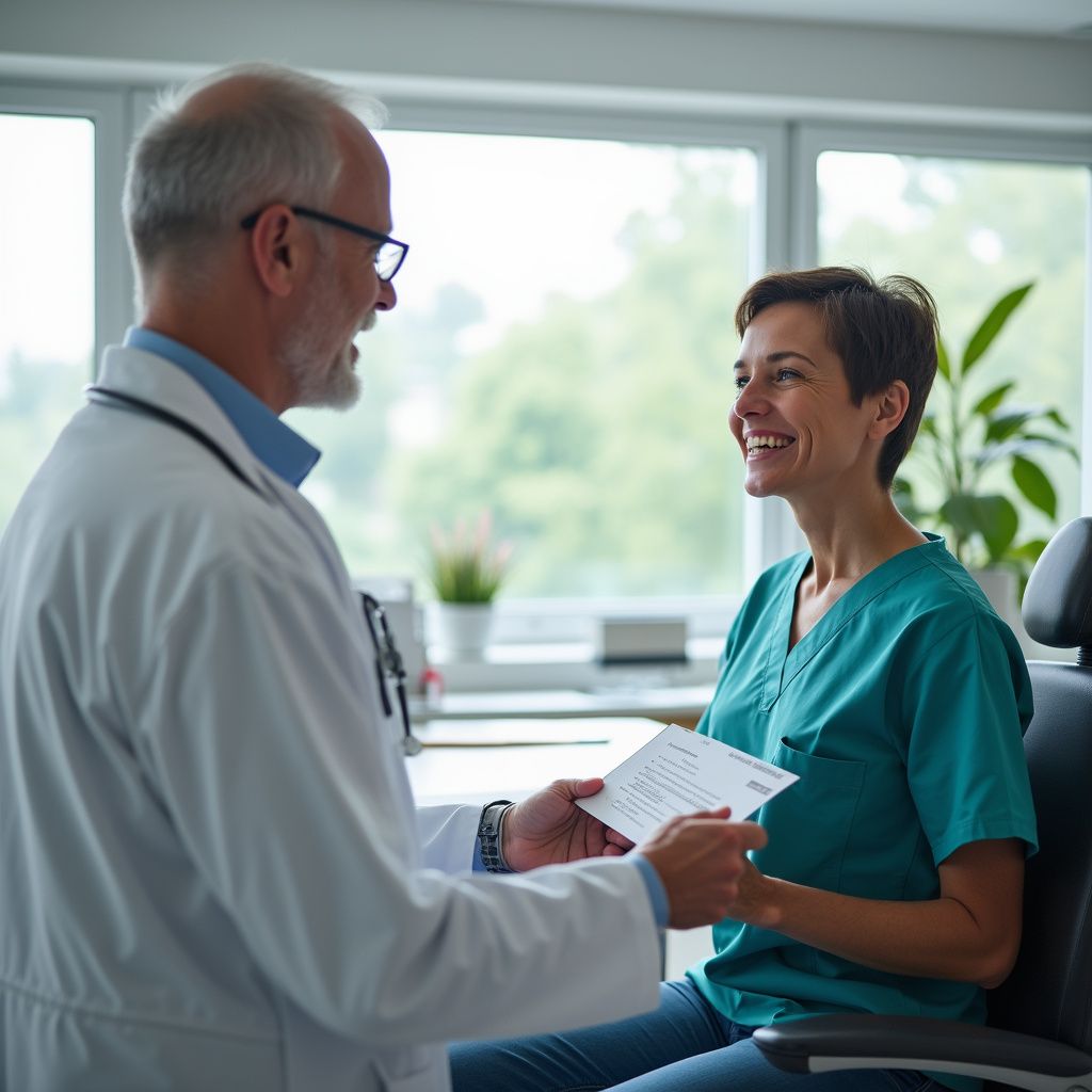Doctor and nurse talking and smiling in a well-lit medical office.