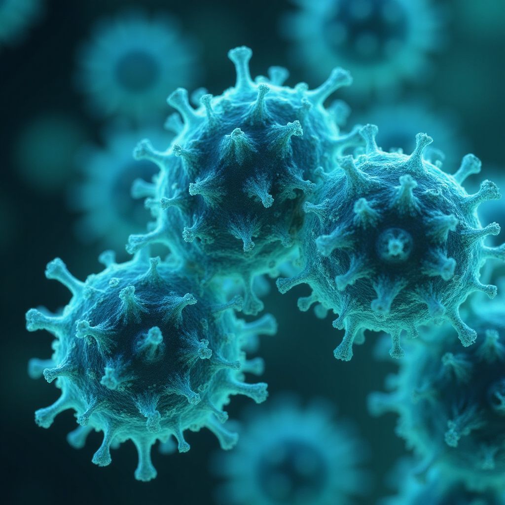 Blue, spherical viruses with spike proteins, shown in close-up.