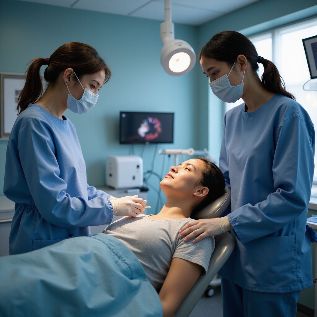 Two medical personnel attending to a patient in a medical examination room.