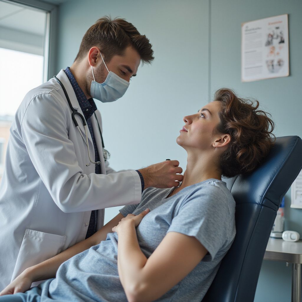 Doctor examining patient's neck in medical office. Woman in chair, doctor wearing mask and stethoscope.