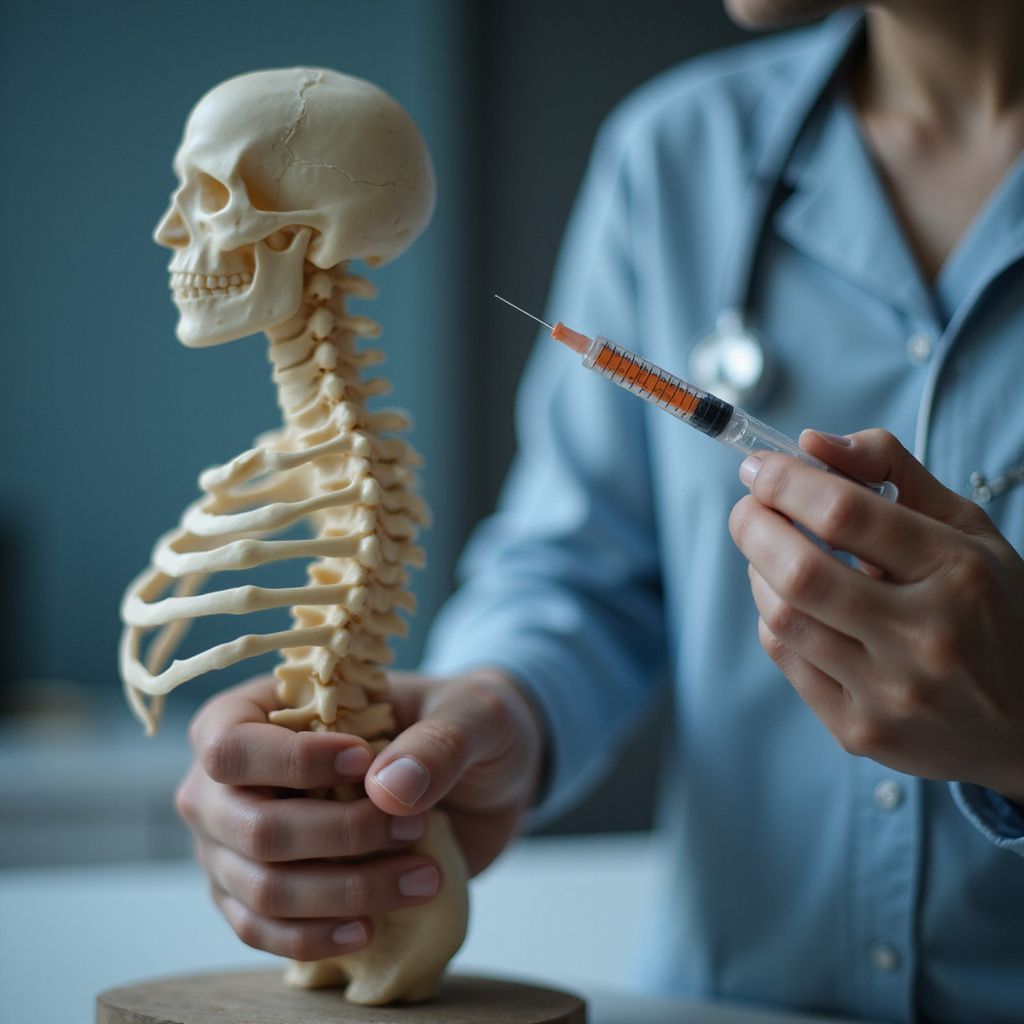 Doctor holding a spine model, preparing an injection with an orange liquid, indoor setting.