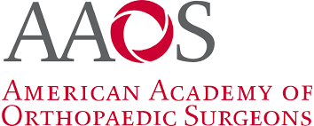 AAOS logo: gray letters AAOS above a red circle, text