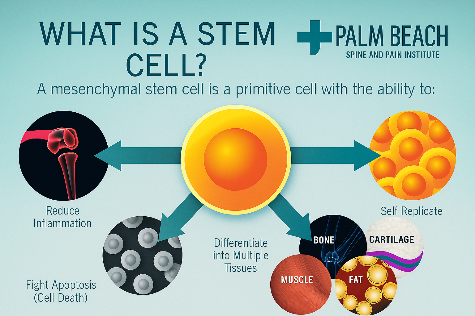 Diagram showing a stem cell with arrows pointing to its functions: reduce inflammation, fight cell death, and differentiate into multiple tissues.