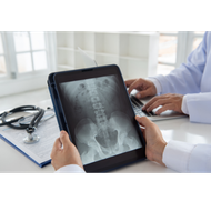 Two doctors reviewing an X-ray of a spine on a tablet. Stethoscope and paperwork on table.