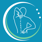 Outline of a person with back pain, spine highlighted, within a blue and white circle.