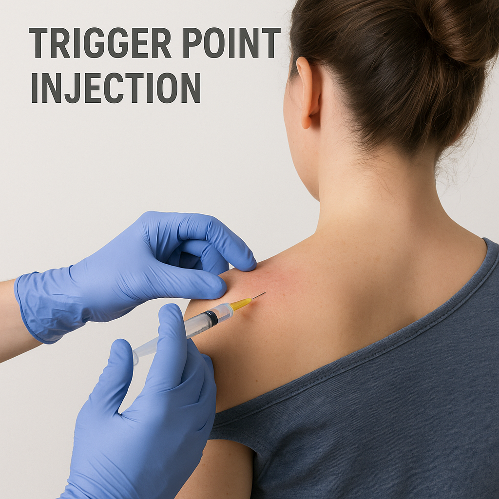 A person receiving a trigger point injection in the shoulder; doctor wearing blue gloves, syringe in hand.