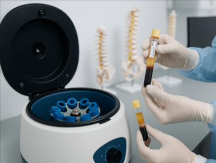 Scientist holding blood tubes, a centrifuge in the background, likely preparing for lab work.