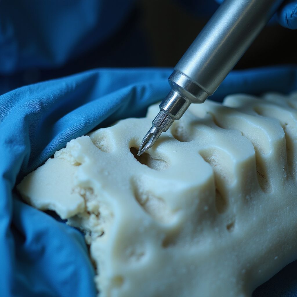 A person uses a drill on a light-colored bone, likely for medical training, held in blue gloves.