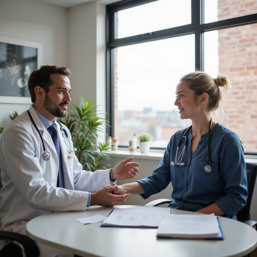 Doctor and nurse reviewing medical documents by a window in a clinic.