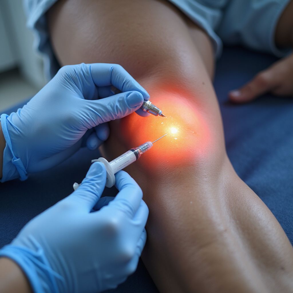 Medical professional injecting a knee, with a red glow emanating from the area. Blue gloves and a blue surface are visible.
