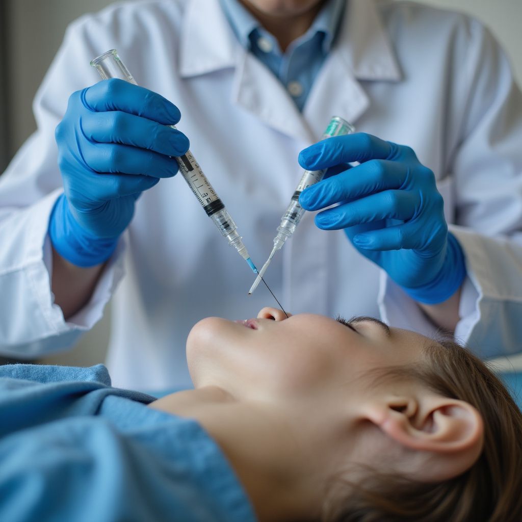 Person receiving injections to the nose from a gloved medical professional.