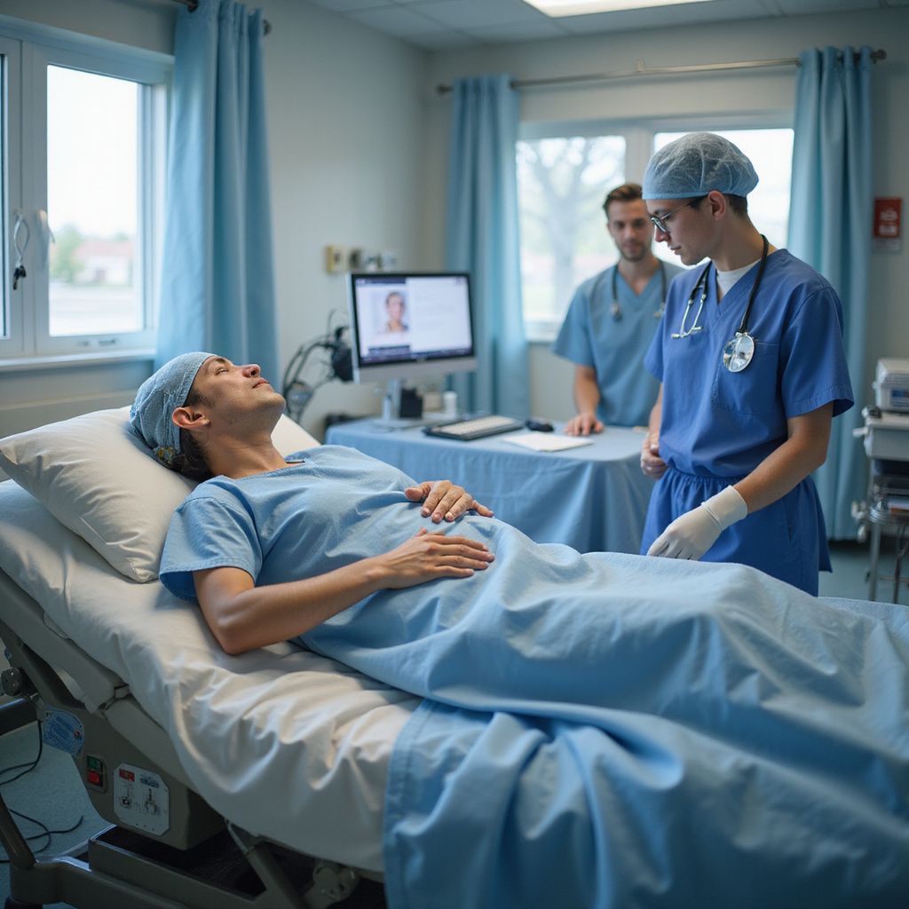 Patient in hospital bed, attended by two medical staff. Blue scrubs, monitor in background.