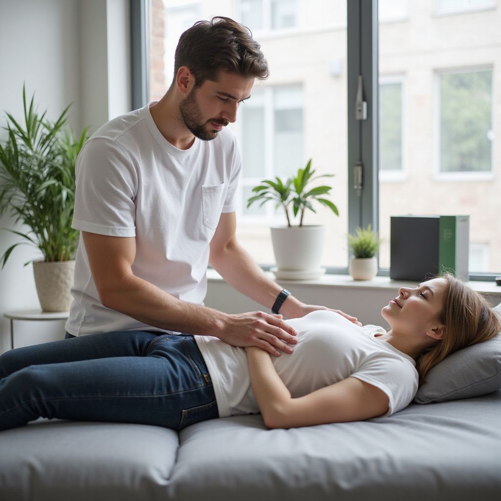 Man giving a woman a stomach massage on a massage table. Both are in white t-shirts, indoors near a window.
