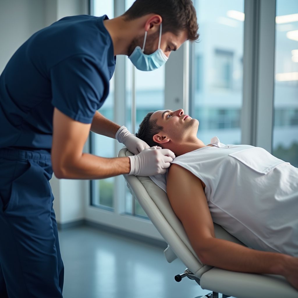 Medical professional giving a neck examination to a patient lying on an examination table in a clinic.