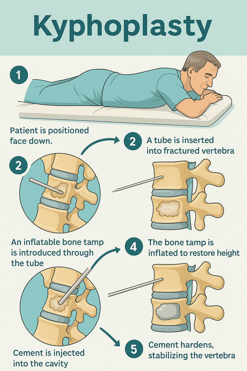 Kyphoplasty procedure steps: patient face down, tube insertion into vertebra, inflatable bone tamp, tamp inflation, cement injection for stabilization.