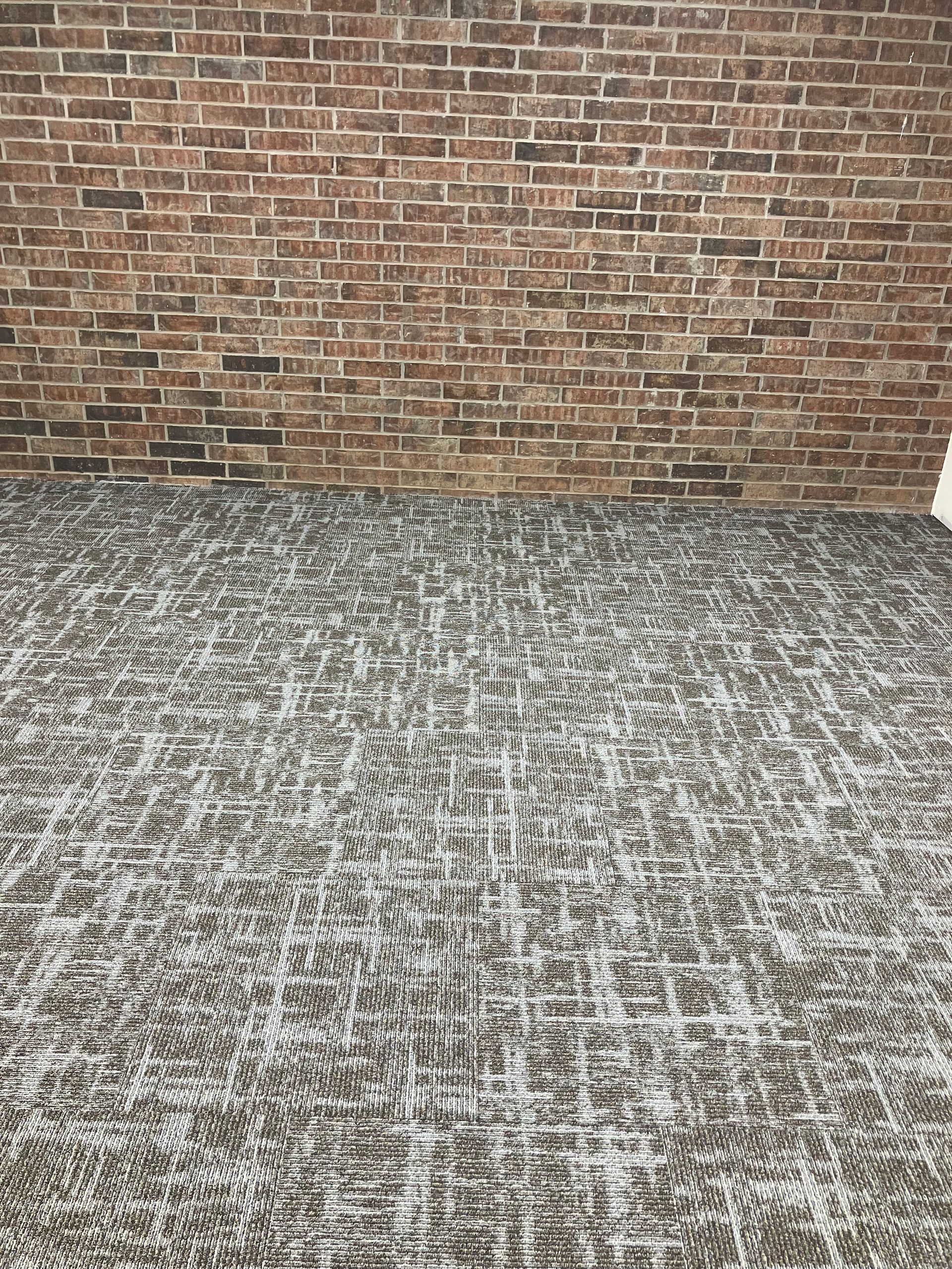 Brick wall above patterned gray carpet.