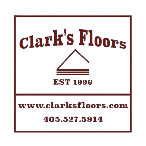 Clark's Floors logo. Maroon text on white background. Includes company name, website, phone number, and a roof icon.