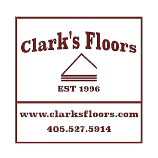 Clark's Floors logo. Maroon text on white background. Includes company name, website, phone number, and a roof icon.